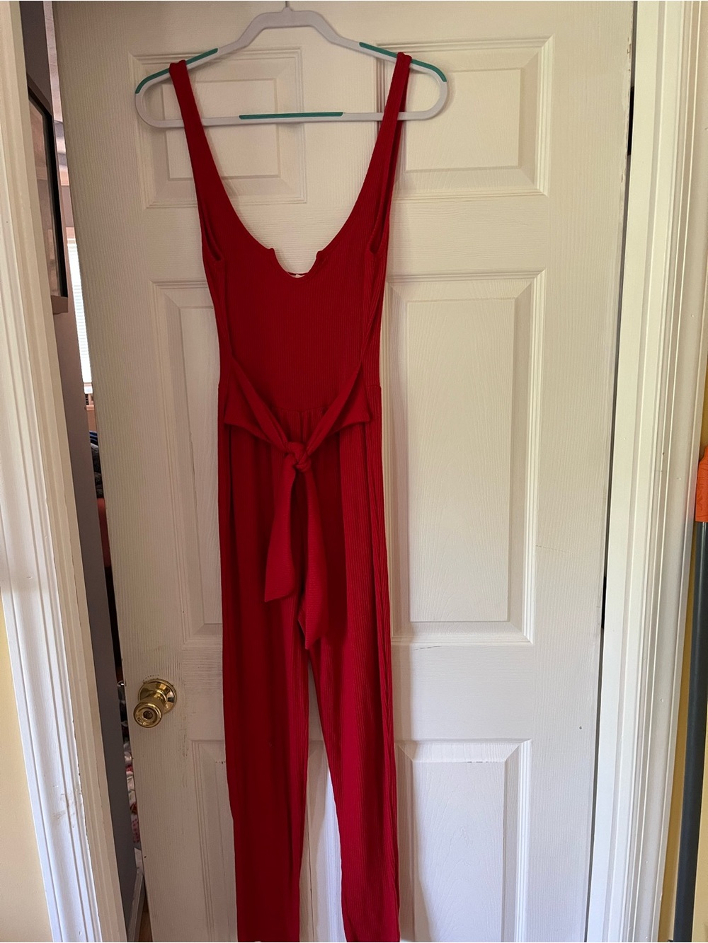 Rolla Coster Vibrant Red Ribbed Sleeveless Jumpsuit with Waist Tie